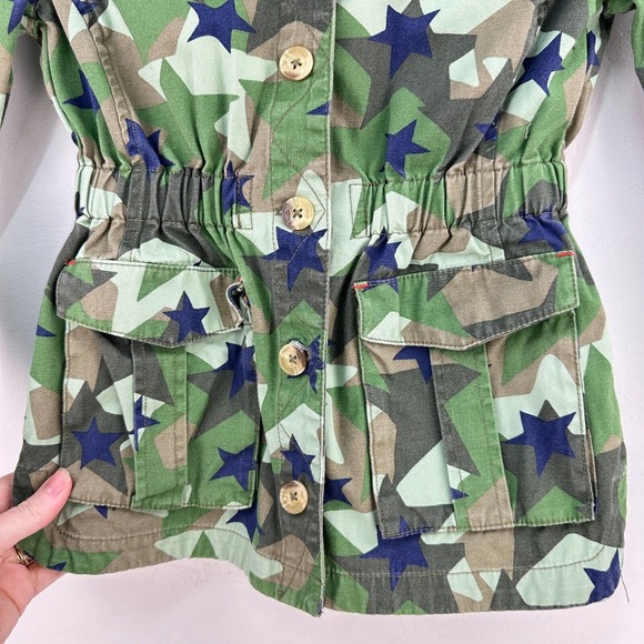 Boden Jacket Kids 6-7Y Green Blue Camo Stars Cotton Army Button Elastic Waist - Picture 3 of 9